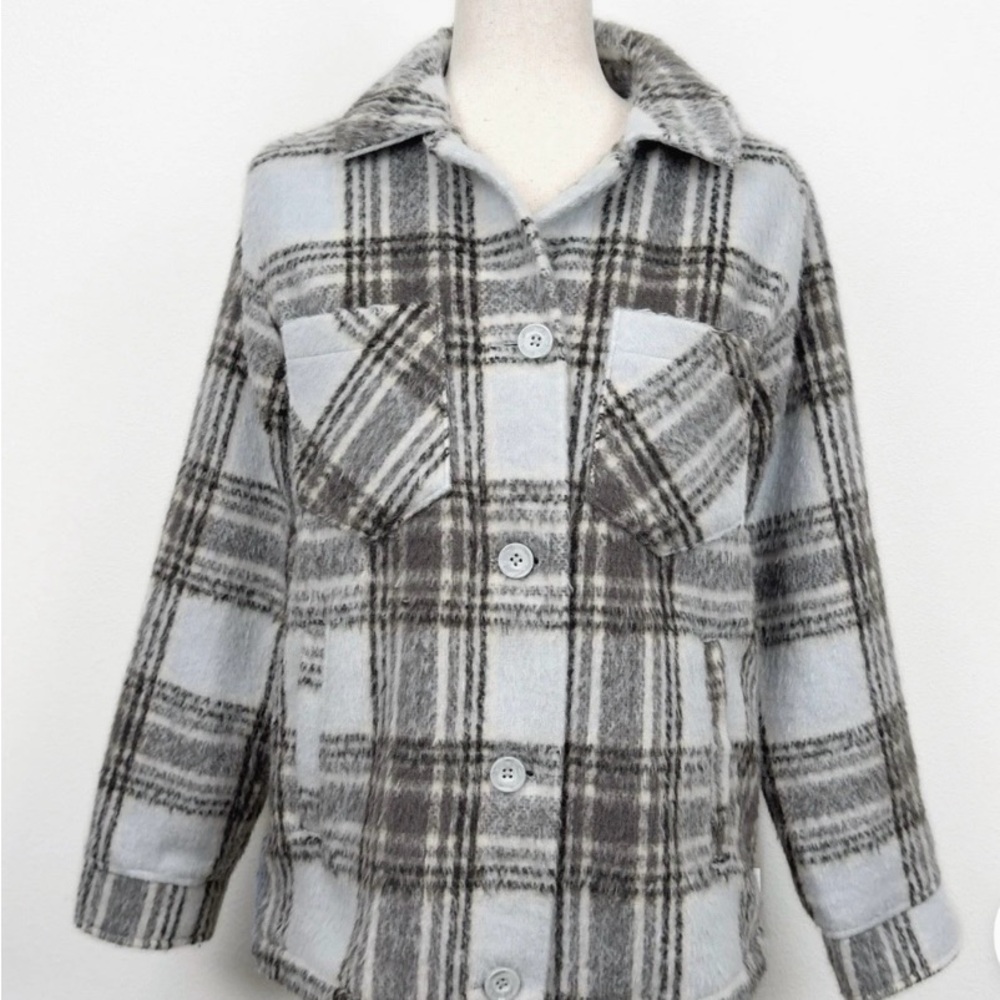 Hollister Plaid Jacket in Light Blue, Gray and White